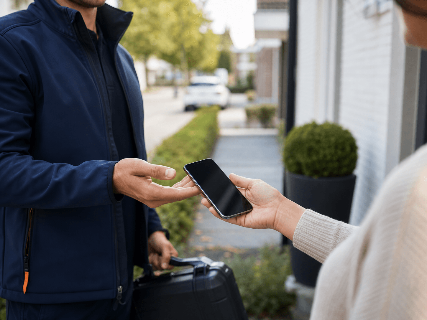 Een gerepareerde telefoon wordt teruggegeven aan de deur